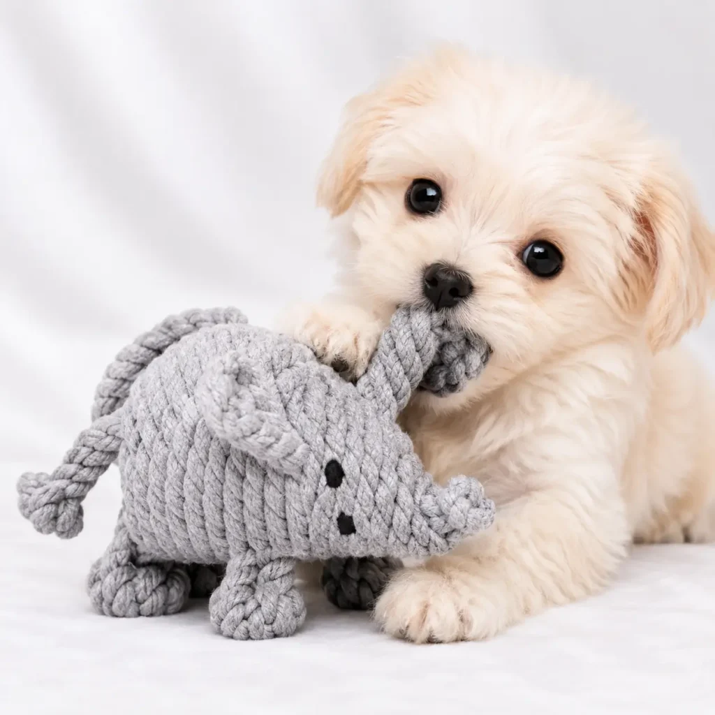 Puppy chewing a hand-woven elephant-shaped cotton rope toy