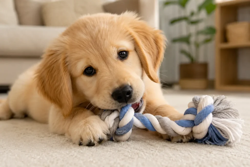Best dog rope toys for puppies: puppy chewing a soft cotton rope toy