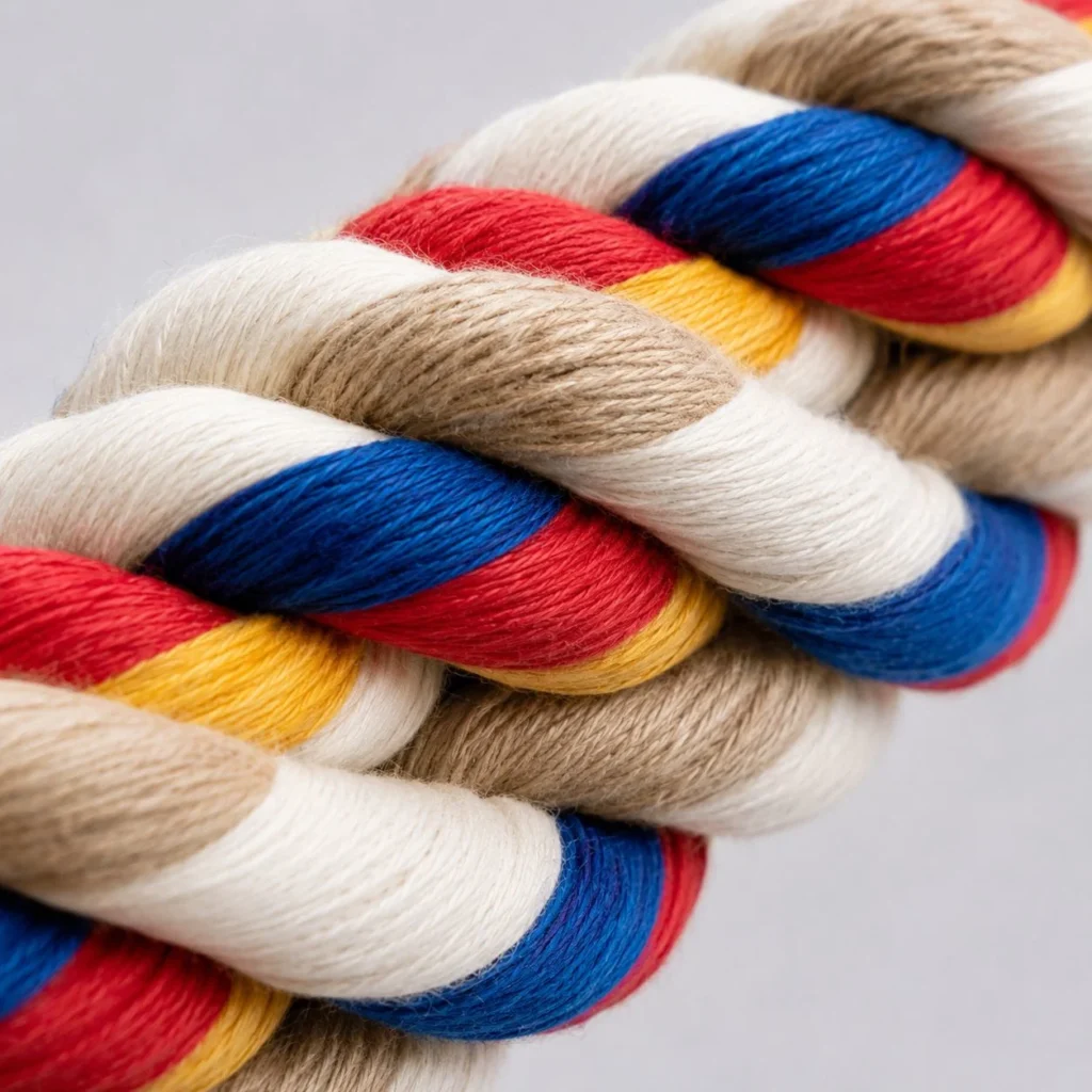Close-up of a braided dog rope toy showing its durable multi-strand construction and twisted cotton fibers.