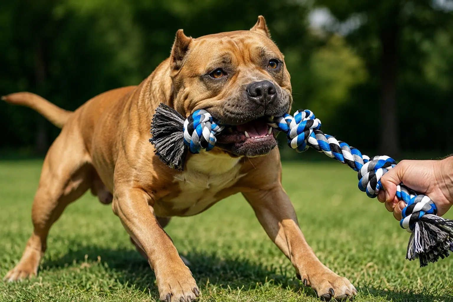 Strong dog playing tug-of-war with a durable dog rope toy for aggressive chewers outdoors.