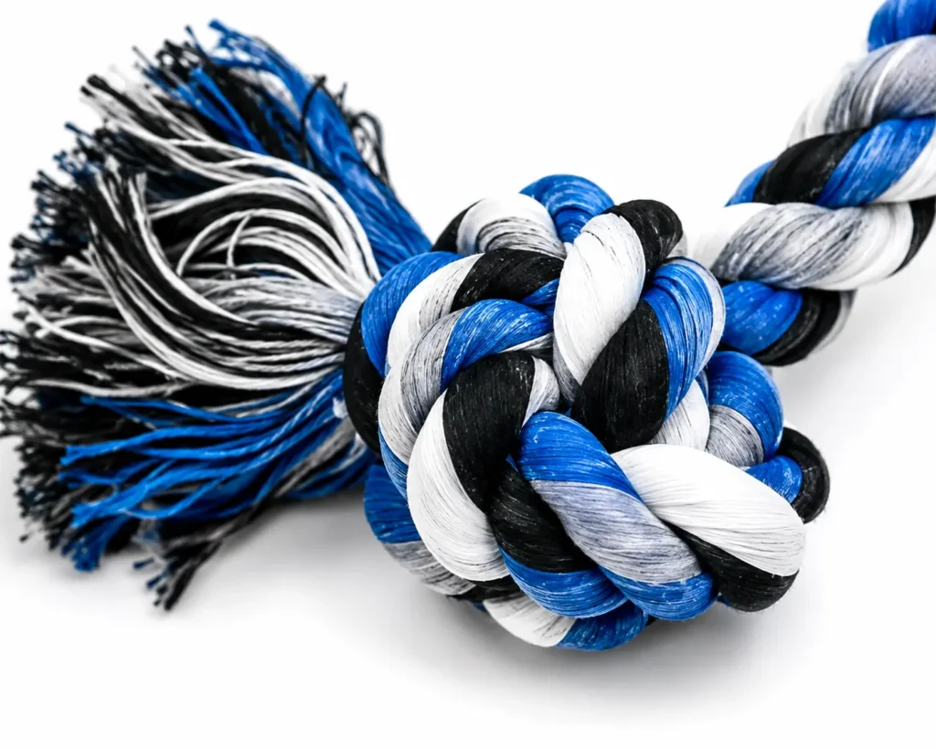 Close-up of a heavy duty cotton dog rope toy showing a reinforced knot