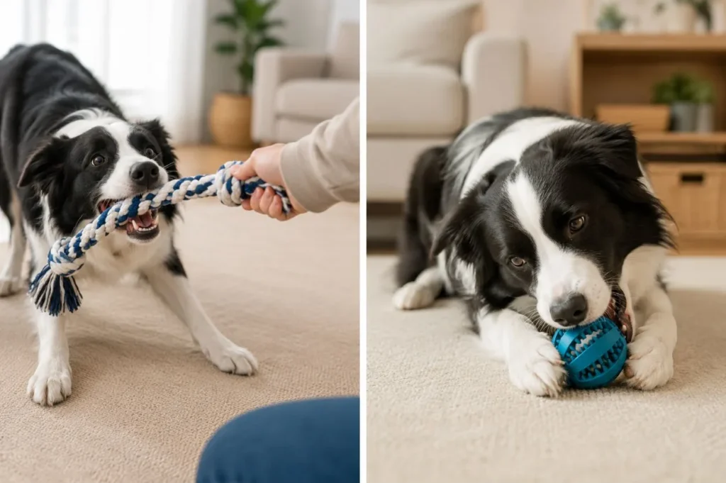Split image showing a dog playing tug with a rope toy and the same dog calmly chewing a solid rubber toy alone indoors.