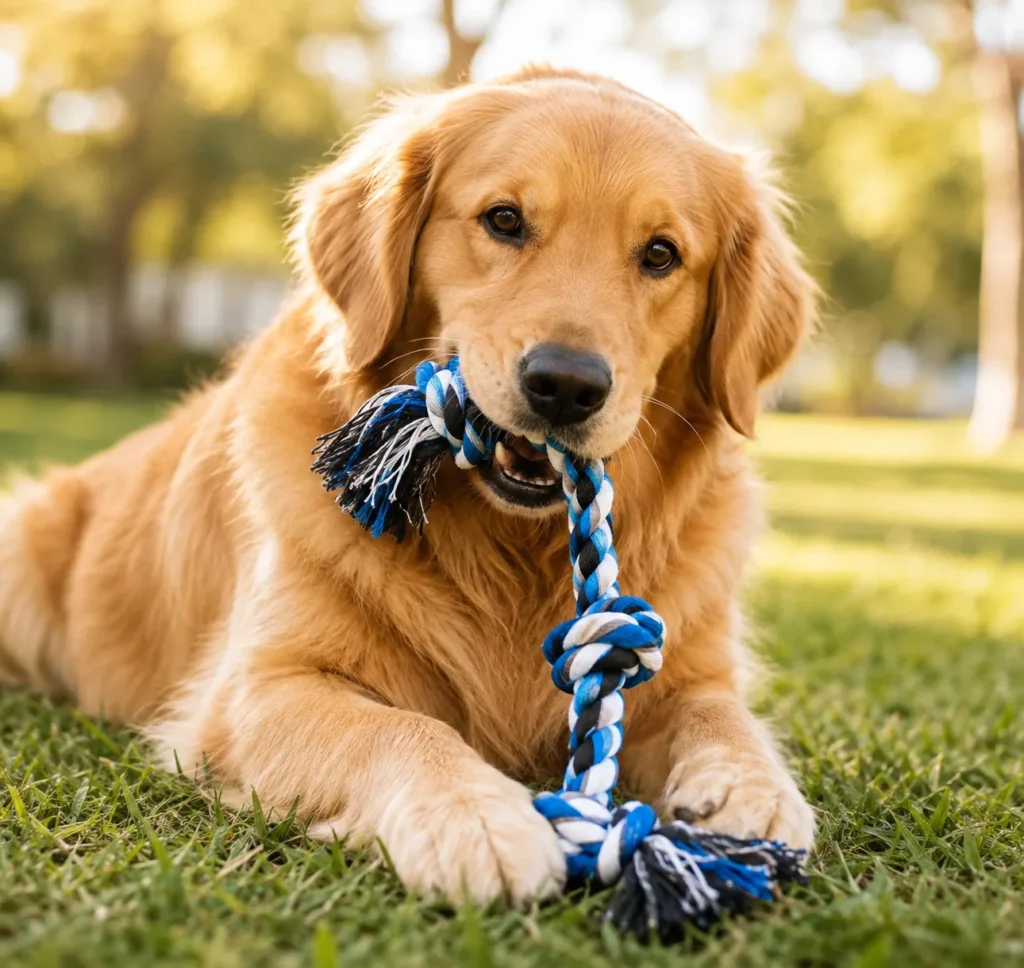 Large dog rope toy for a golden retriever playing on the floor