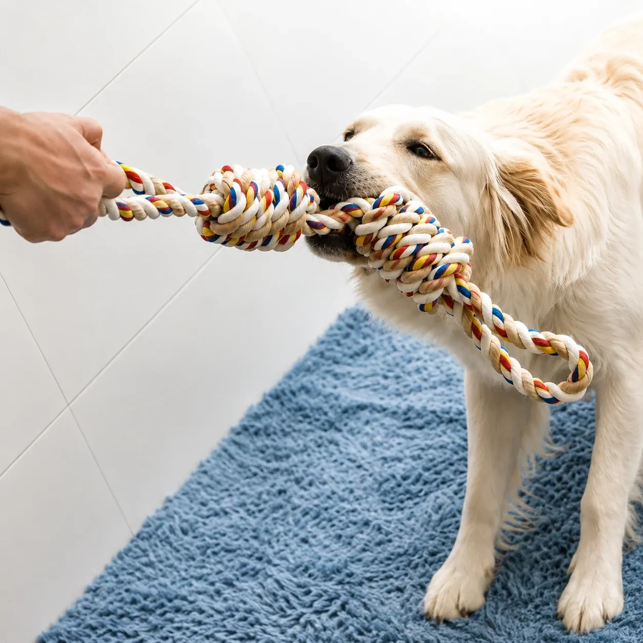 Large dog rope toy tug-of-war with proper hand grip distance