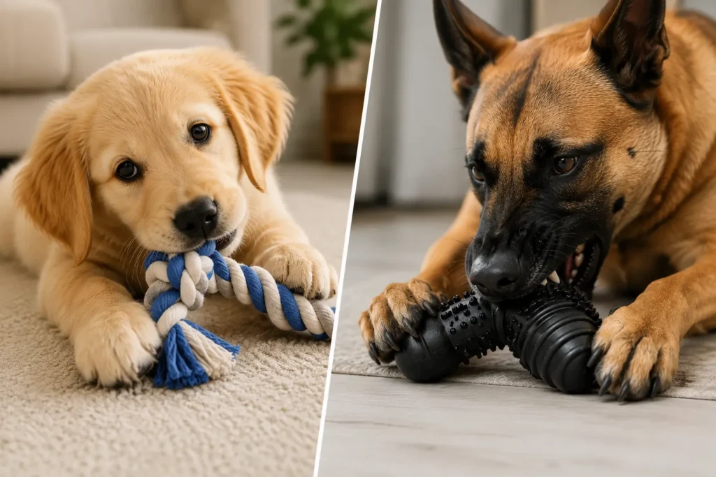 Puppy with a soft rope toy next to an adult dog chewing a rubber toy