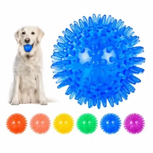Dog playing with squeaky dog dental ball toy outdoors