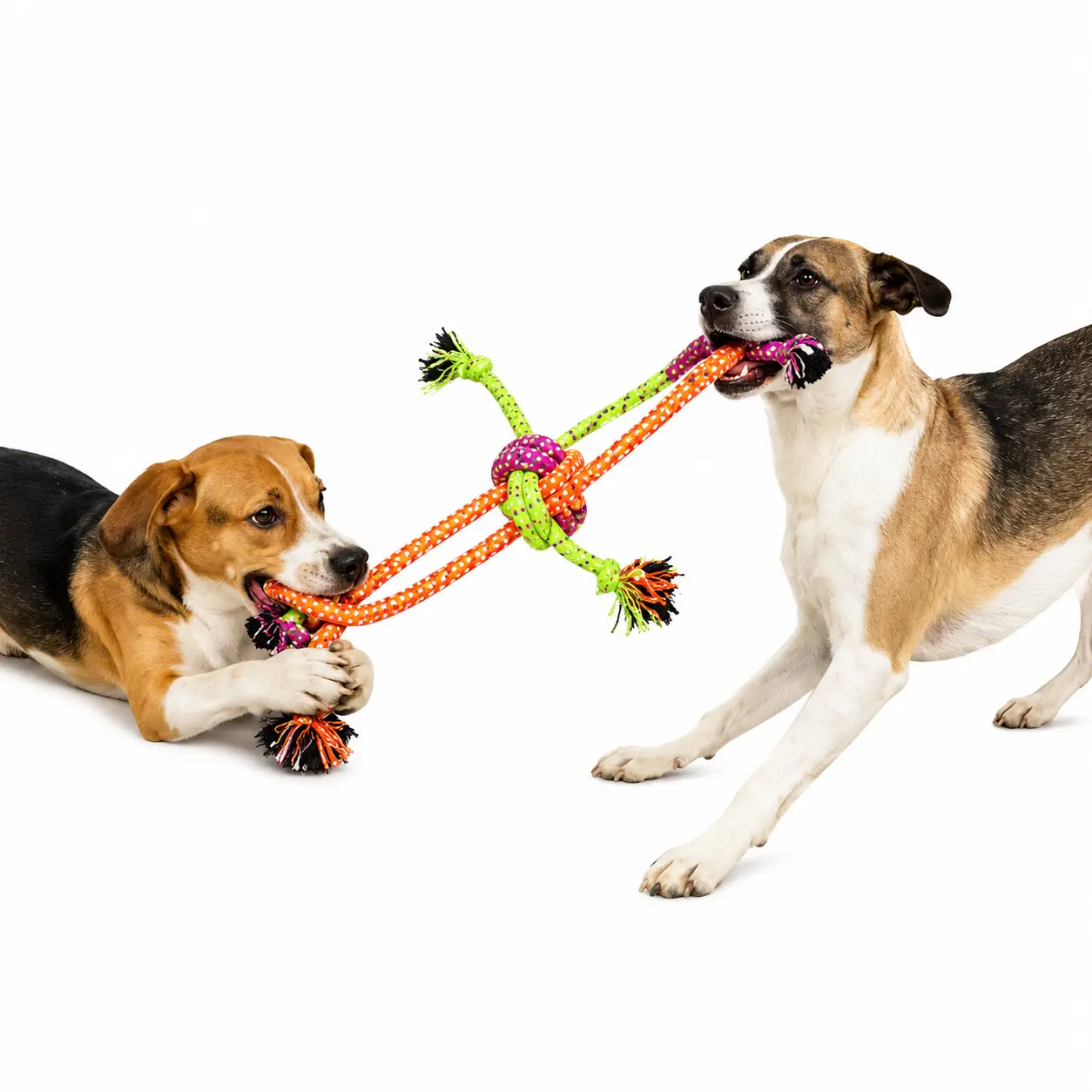 Two dogs playing tug of war with a multi-knot rope toy outdoors
