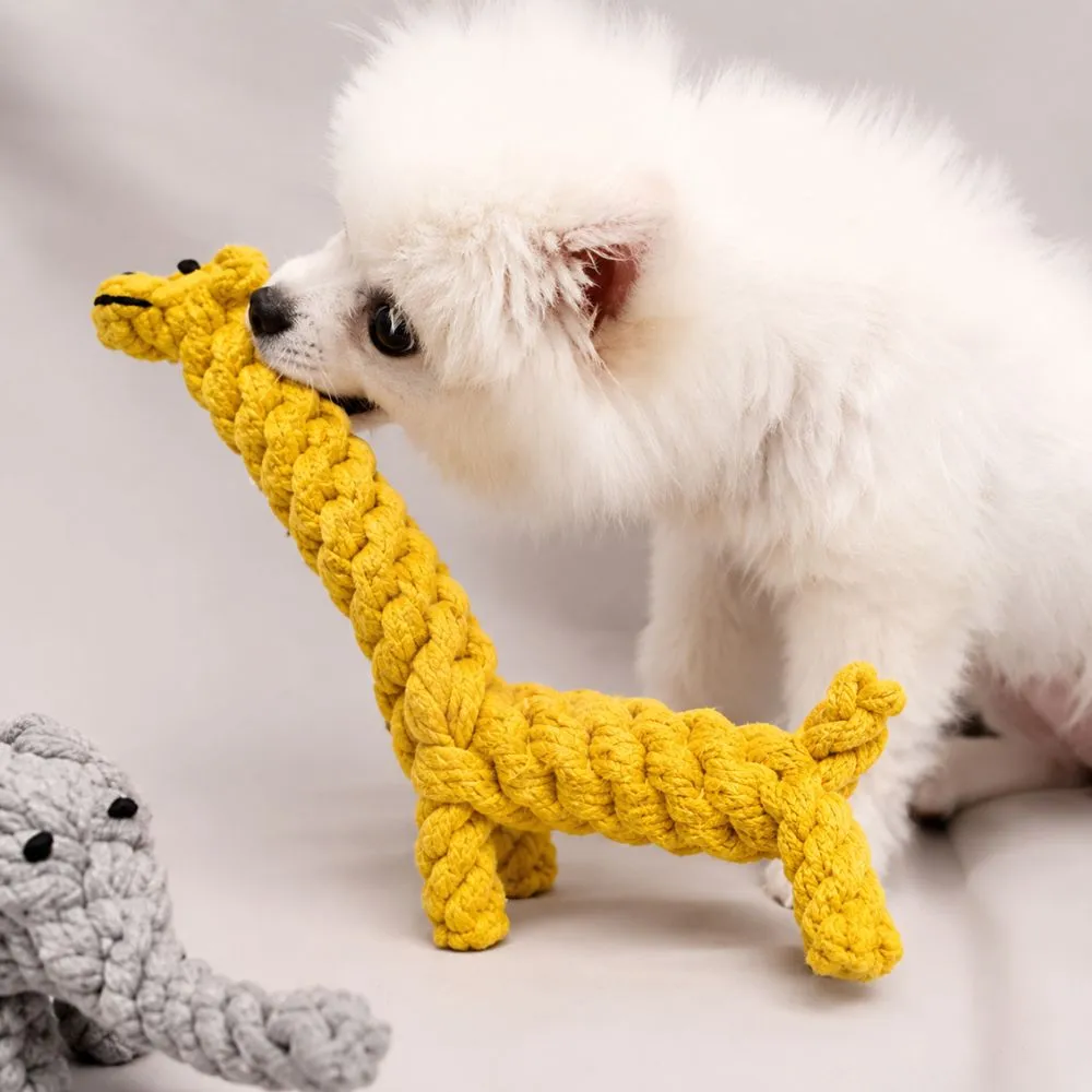 Small white dog chewing a yellow animal shaped cotton rope giraffe dog toy for interactive play and everyday chewing.