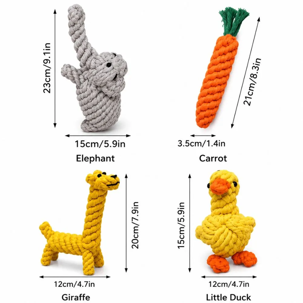 Animal Shaped Dog Rope Toy size guide showing elephant, giraffe, duck, and carrot variants with dimensions for small and medium dogs.