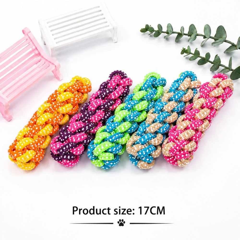 Colorful 17 cm braided cotton rope dog chew toys for teething, interactive play, tug-of-war, and everyday chewing.