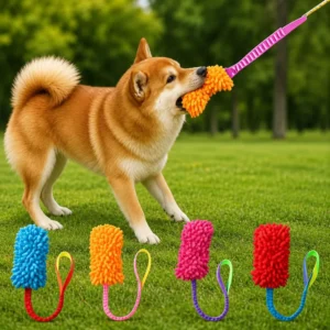 Bungee dog tug toy with microfiber mop head in assorted colors