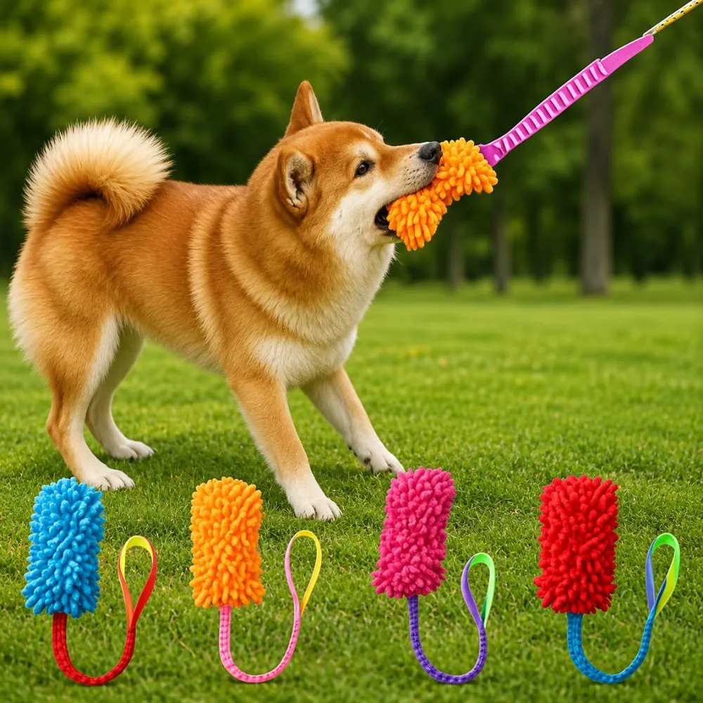 Bungee dog tug toy with microfiber mop head in assorted colors