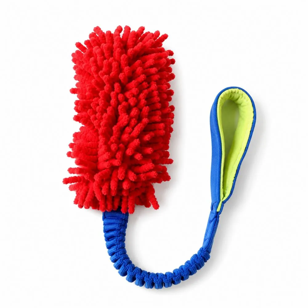 Red chenille mop head bungee dog tug toy