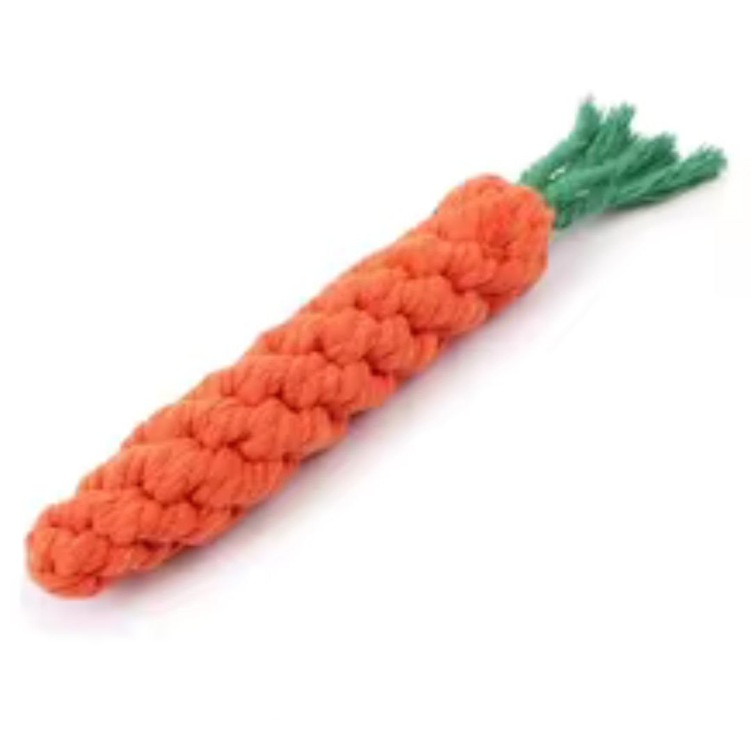 Carrot-shaped cotton rope dog chew toy on a white background.