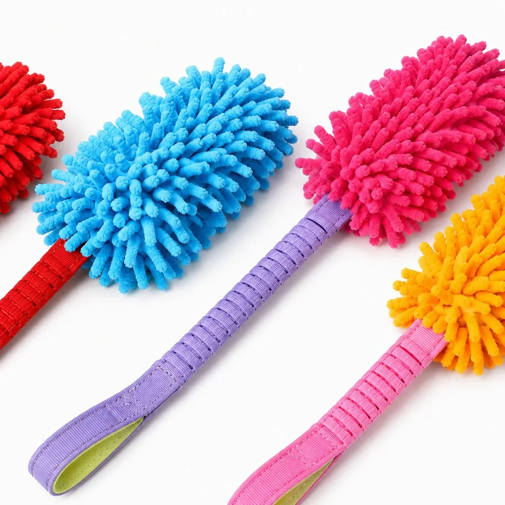 Colorful chenille dog training tug toys with durable webbing handles, designed for interactive tug play, reward-based training, and enrichment.