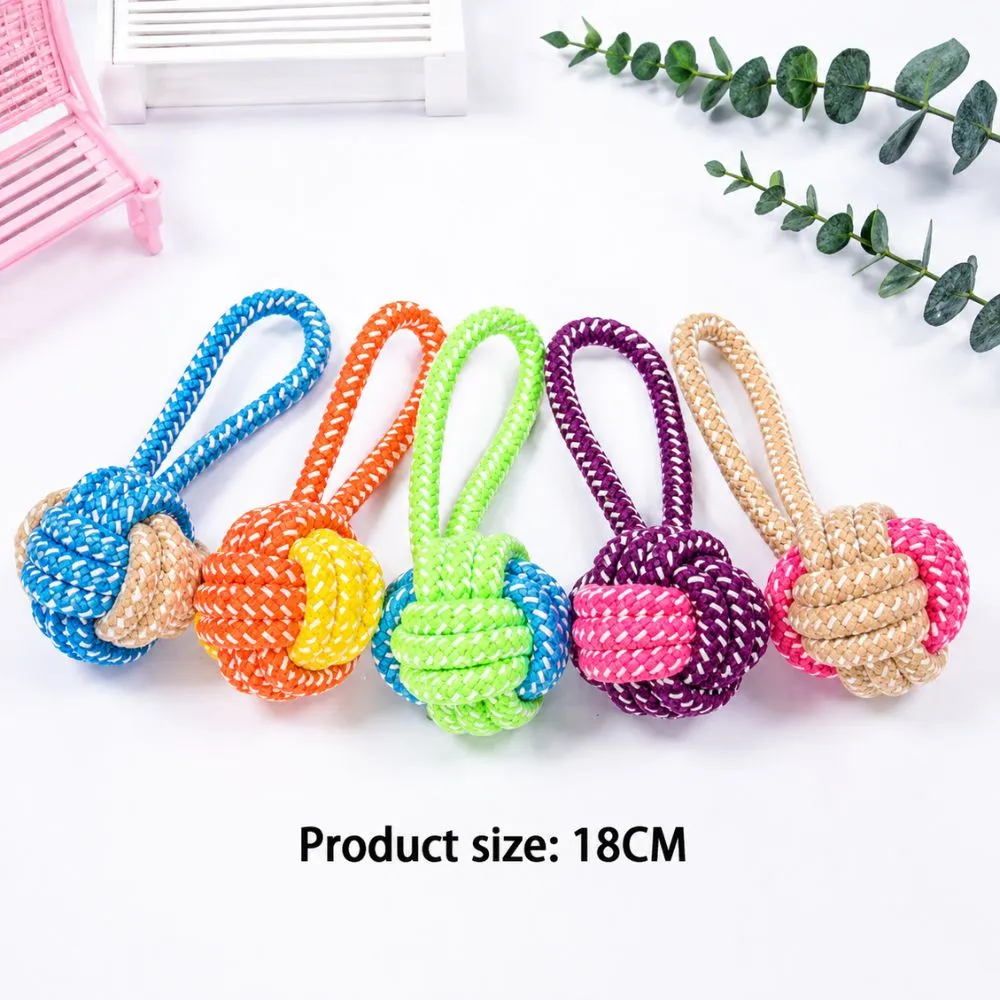 Colorful 18 cm cotton rope ball loop dog toys for teething, dental chewing, tug-of-war, and interactive play.