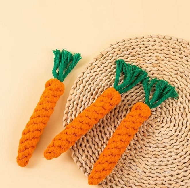 Set of three cotton rope carrot dog toys on woven mat