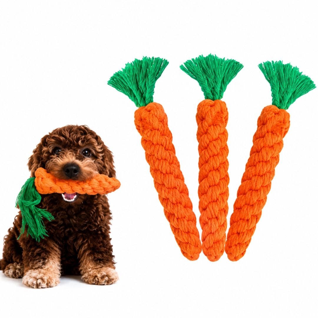 Puppy chewing cotton rope carrot dog toy with set of three toys