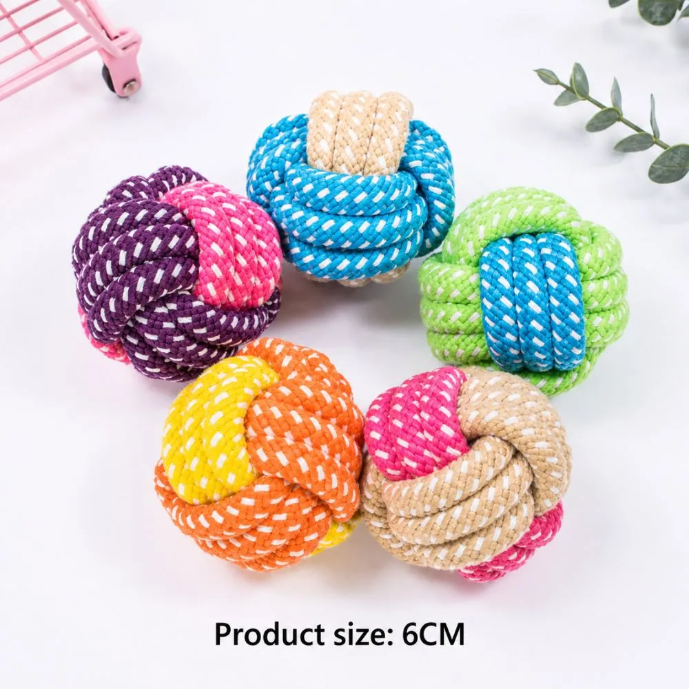 Colorful 6 cm cotton rope chew ball dog toys designed for chewing, teething, dental cleaning, and interactive play.
