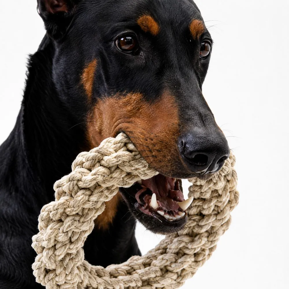 Doberman dog chewing a braided cotton rope ring toy during interactive play and dental chewing exercise.