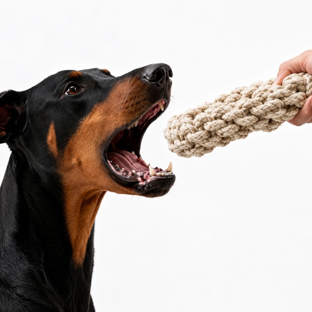 Black dog carrying a cotton rope ring toy in its mouth