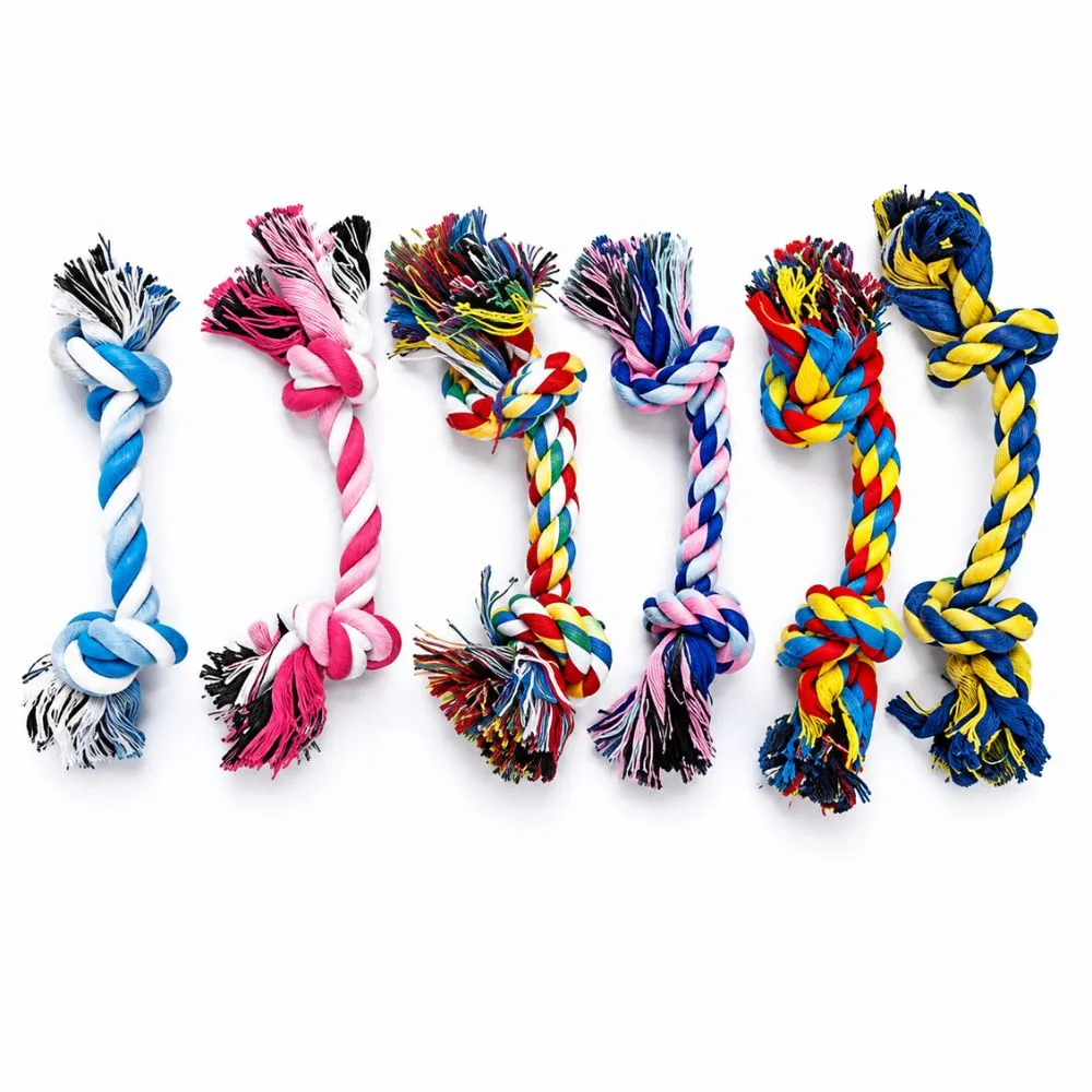 Dog chew rope toy set laid out showing double knot design