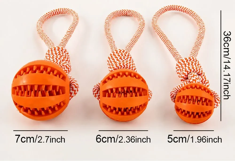 Dog rope toy with rubber dental ball shown in small, medium, and large sizes