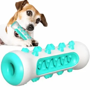 Dog holding a blue molar toothbrush chew toy in its mouth, with product detail shown below