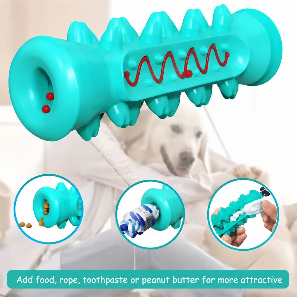 Blue dog molar toothbrush toy with kibble, rope, and toothpaste inserted for added engagement