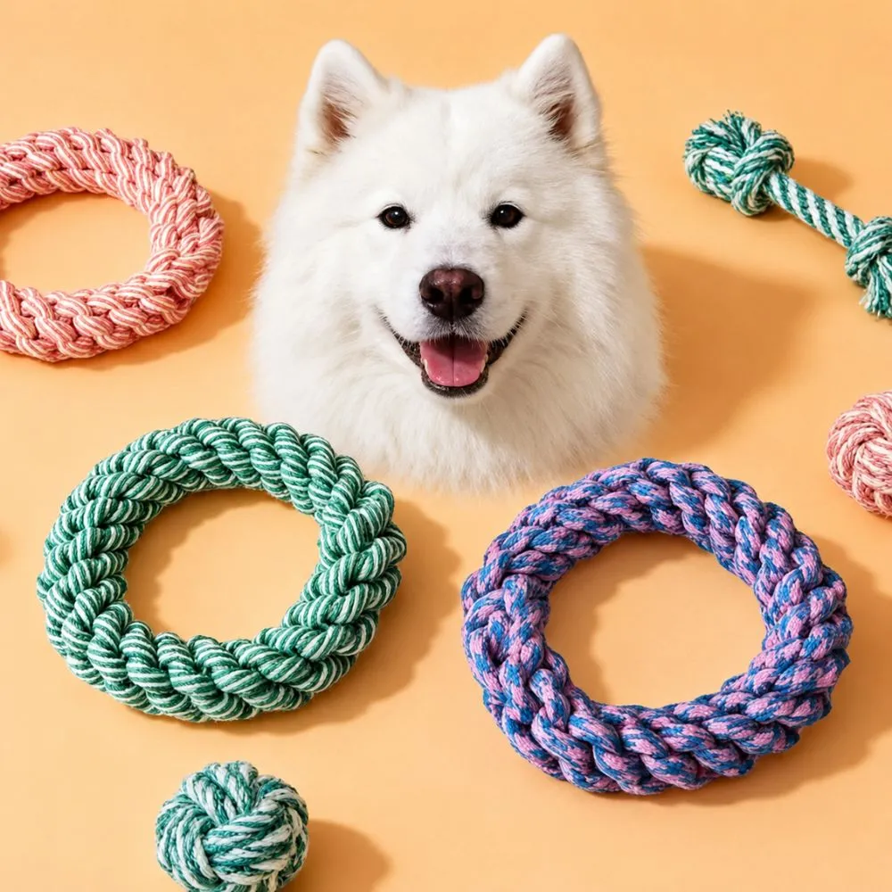 White fluffy dog holding a cotton rope ring toy outdoors against a blue sky
