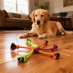 Golden Retriever with an interactive multi-knot dog rope toy for tug of war, chewing, and indoor play.
