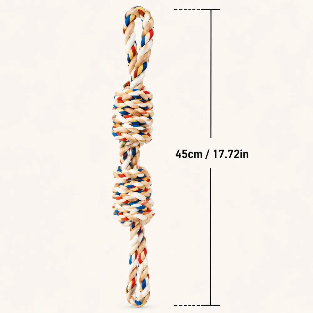 Dog rope chew toy length measurement showing 45cm, about 17.72 inches