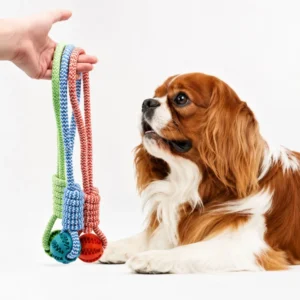 Cavalier King Charles Spaniel looking at dog rope toys with rubber dental balls in blue, green, and orange