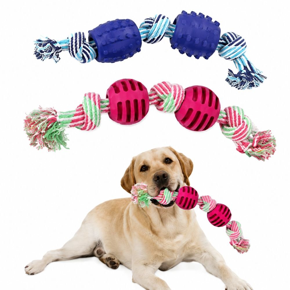 Dog rope toy with ball in navy blue and magenta, shown individually and with a Labrador retriever holding the toy