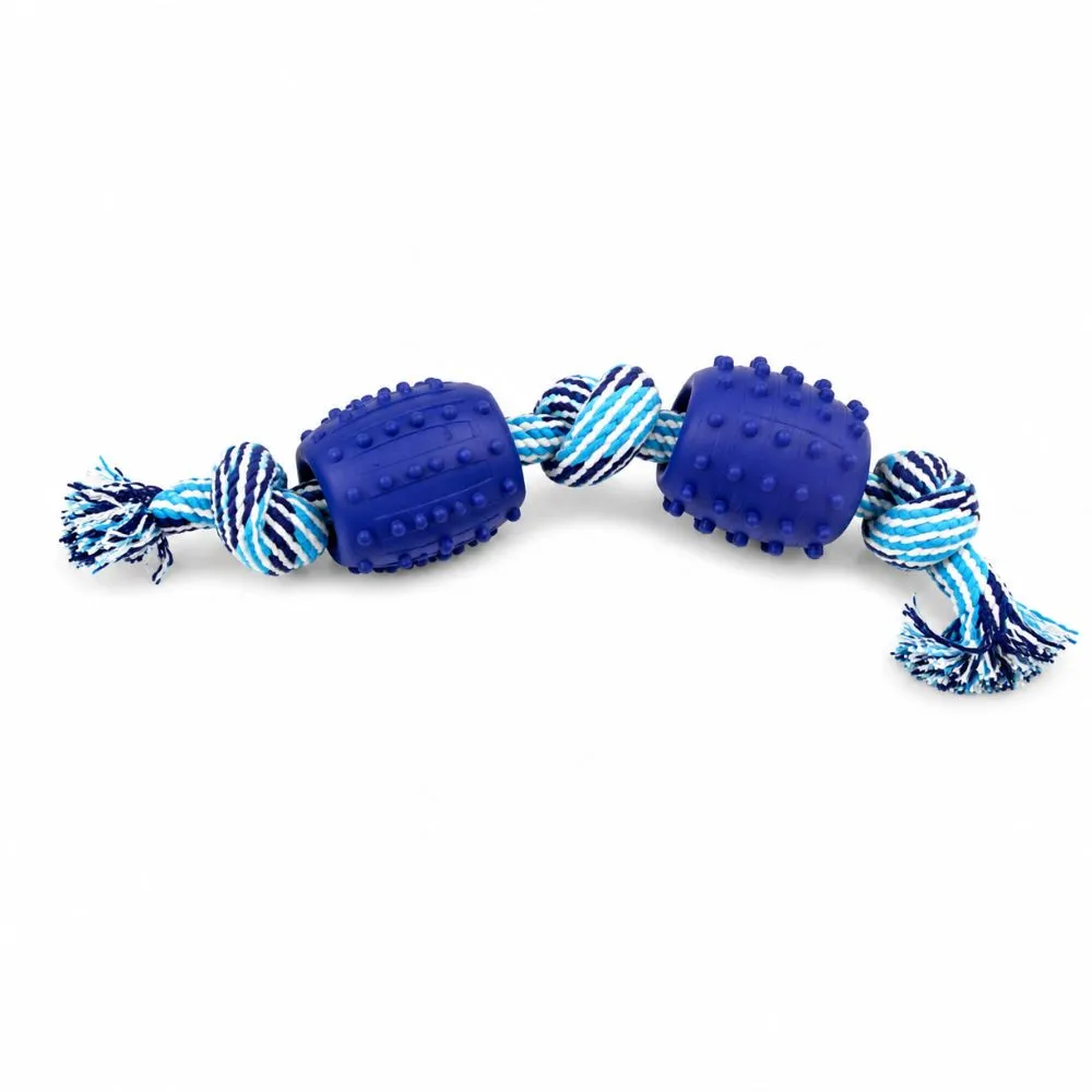 Navy blue dog rope toy with ball, dotted chew sections knotted with navy and light blue cotton rope