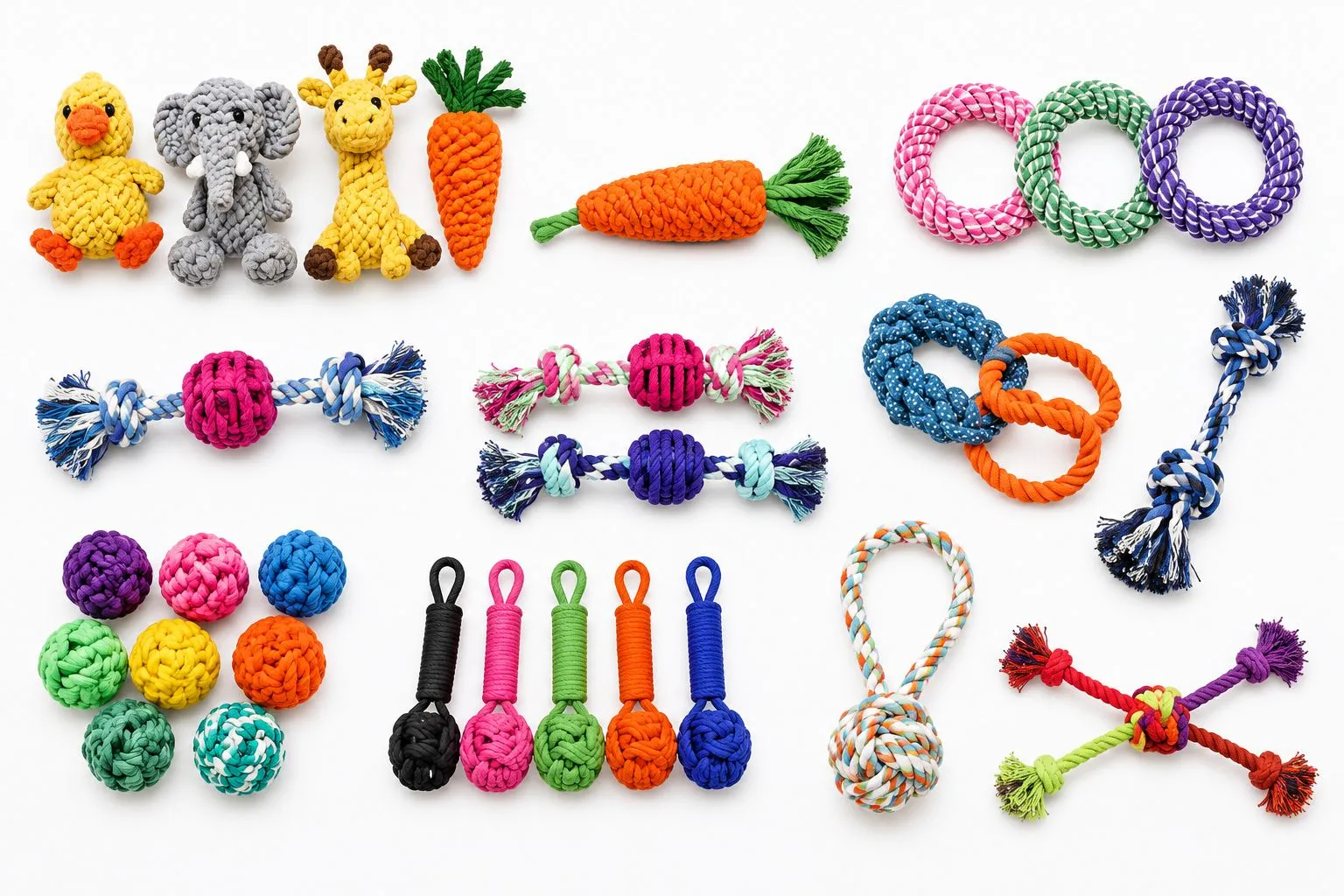 Assorted dog rope toys including animal shapes, rope rings, knotted balls, and a loop handle tug toy