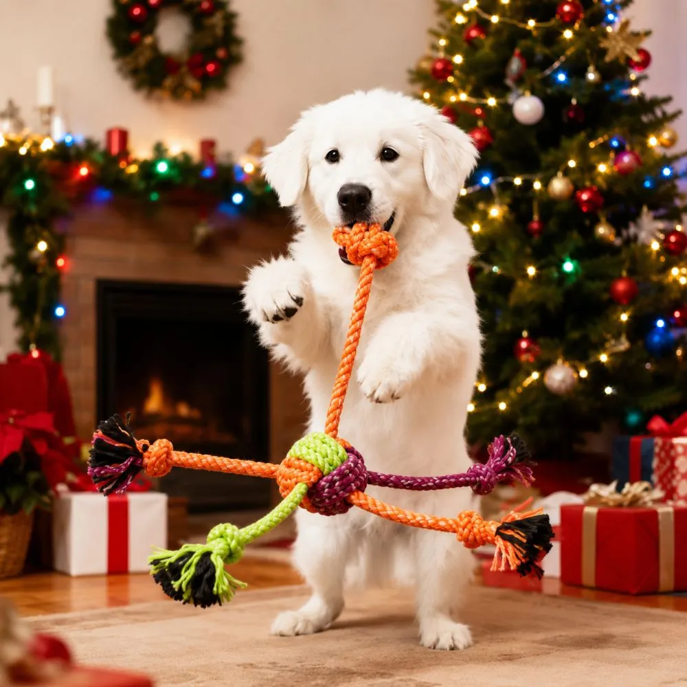 Dog running outdoors while playing with rope tug toy