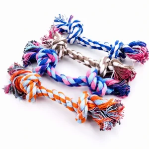 Set of colorful double knot cotton rope dog toys for puppies and small dogs, designed for chewing, tug play, and interactive fun.