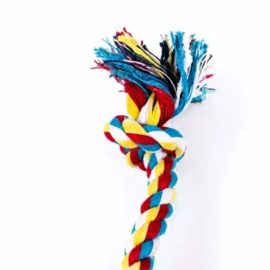 Double knot dog rope toy hanging with colorful braided cotton rope