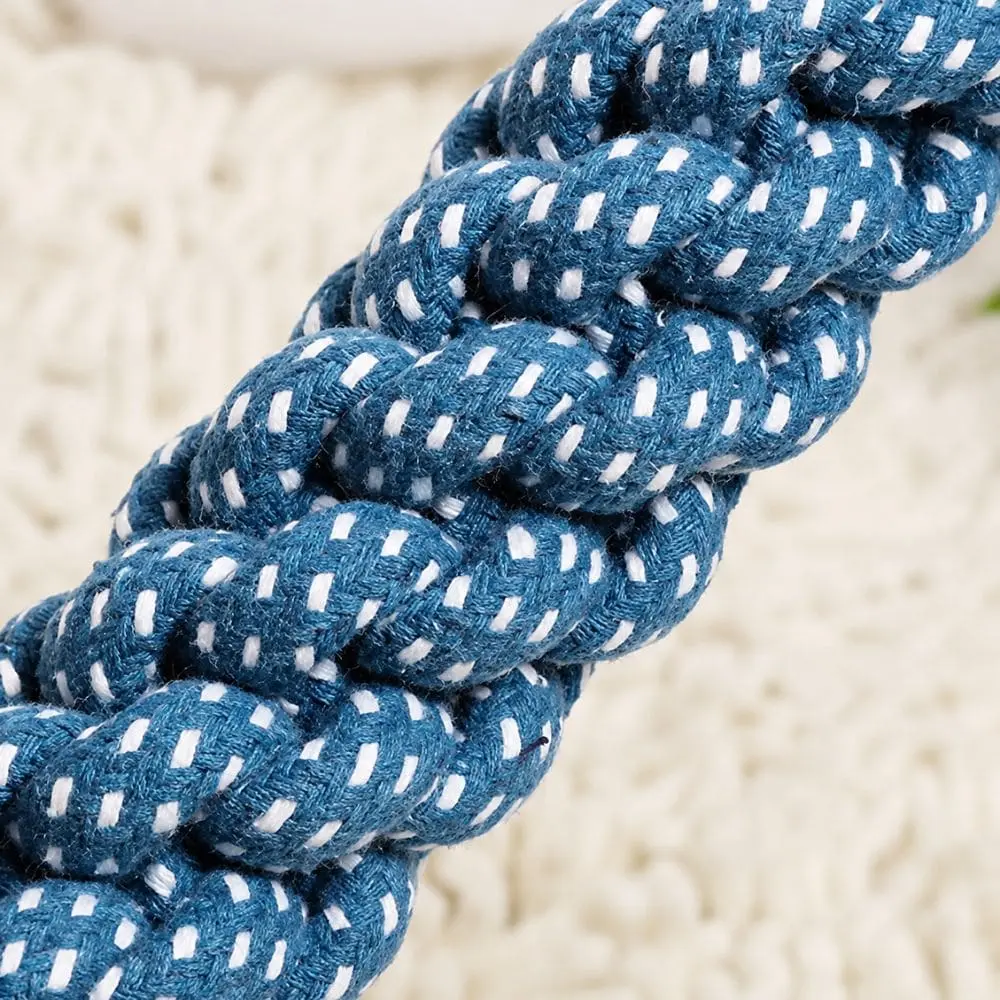Close-up of thick braided rope texture on dog tug toy