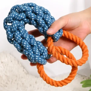 Double ring dog rope toy with braided blue rope and orange ring handles