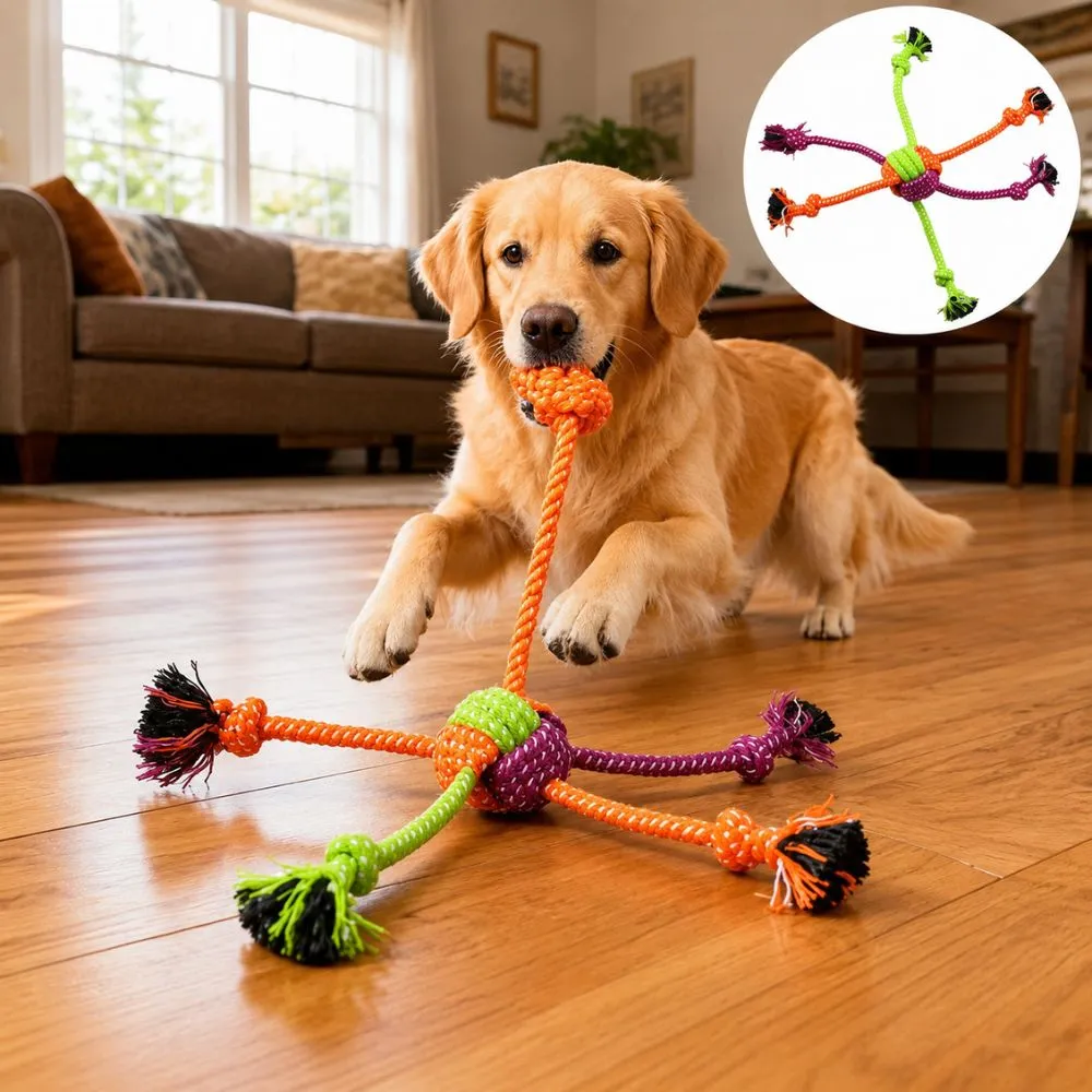 Golden Retriever playing with a colorful multi-knot cotton rope dog toy for tug of war, chewing, and interactive indoor play.