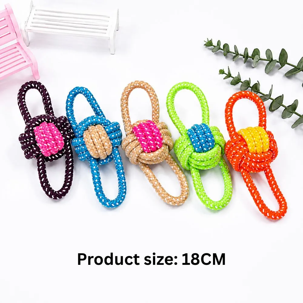 Colorful interactive cotton rope loop dog toys with knotted centers for chewing, teething, tug-of-war, and dental play.