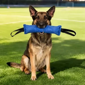 Interactive dog bite tug toy with dual handles held by a Belgian Malinois during outdoor training.
