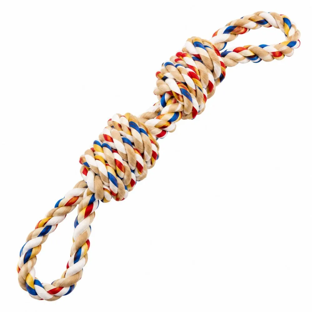 Interactive dog rope toy with two loop handles and center knots on white background