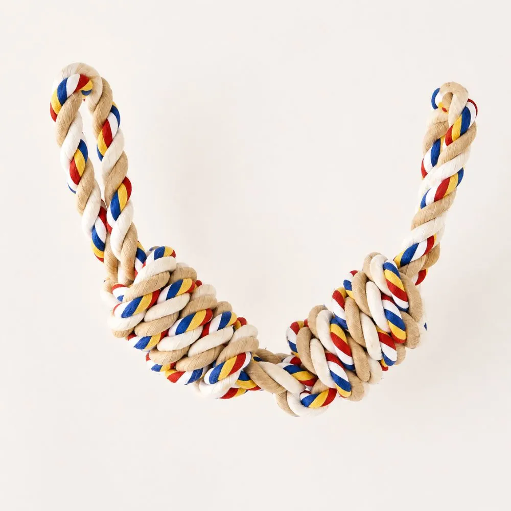 Multi-color braided cotton loop handle dog rope toy with dual loop handles