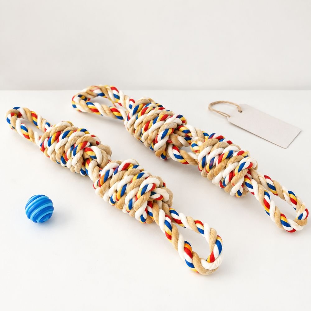 Two sizes of loop handle dog rope toy shown side by side with a ball for scale
