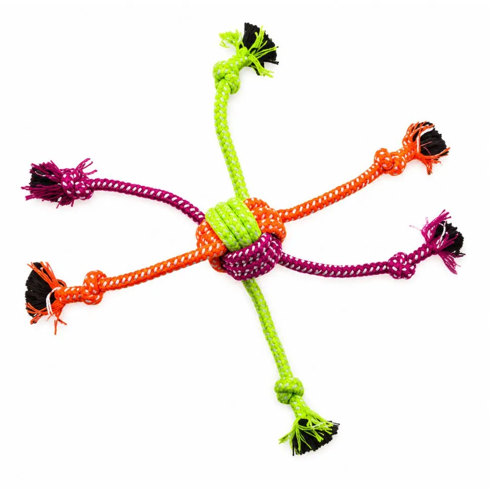 Multi-knot rope tug toy for dogs with 6 braided arms