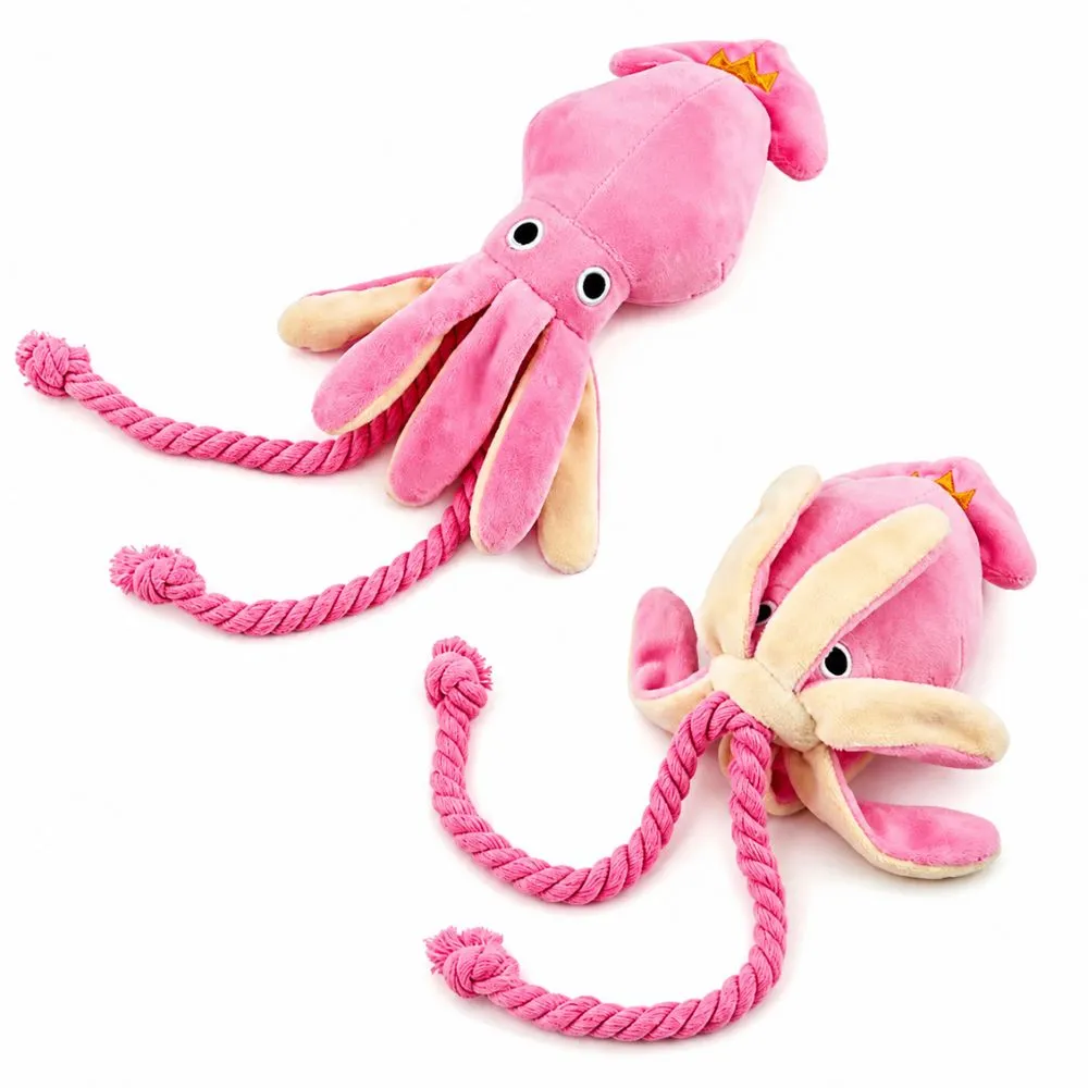 Two pink squeaky octopus dog toys with cotton rope tentacles