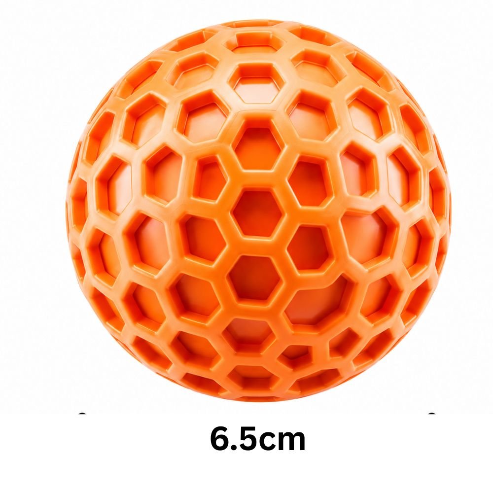 Orange honeycomb squeaky dog ball, medium 6.5 cm size